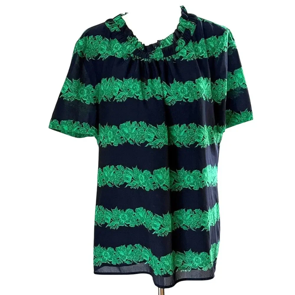 J.Crew Factory Navy Green Floral Stripe Ruffle Neck Blouse Size 12